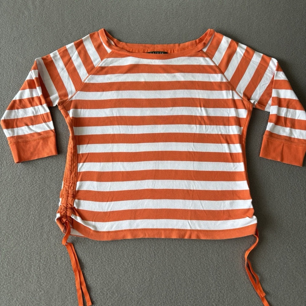 Lauren Ralph Lauren Orange White Striped Drawstring Side Knit Top Womens P Large